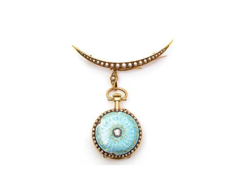A late 19th Century fob watch on brooch, the cream-enamel arabic movement fitted crown wound movement, the gold case not hall