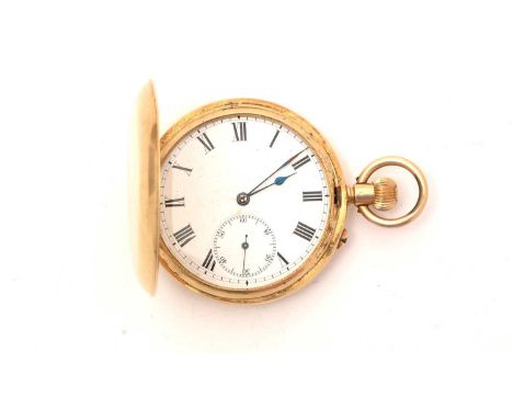 An 18ct yellow gold cased hunter pocket watch, the plain case opening to reveal white enamel roman dial with subsidiary secon