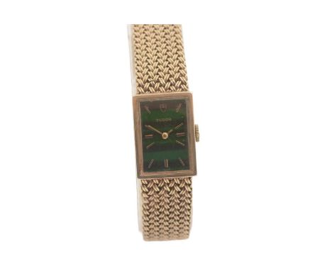 Tudor: a lady's 9ct yellow gold quartz cocktail watch, the green enamel malachite effect baton dial fitted a one-jewel moveme