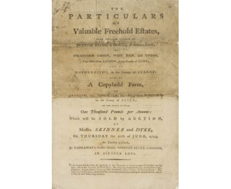 18th century property auction.- The Particulars of Valuable Freehold Estates... Situate in Bethnal Green... Sold by Auction, 