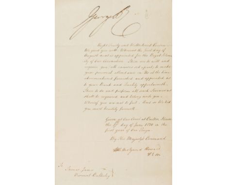 George IV.- Summons to Thomas James Viscount Bulkeley to attend the Coronation, D.s. "George R", manuscript, 1p. with conjuga