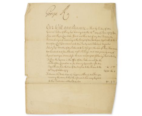 George II.- Payment to Augustus Schutz the Master of the Robes for Coronation clothes, D.s. "George R", manuscript, 1p., cut 
