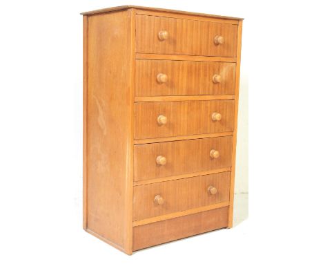 A retro vintage mid 20th century teak veneered pedestal chest of drawers. Of rectangular form having a flared top with a bank