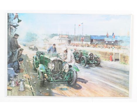 A vintage 20th century 'Bentley at Le Mans' colour print by English painter Terence Cuneo depicting a car racing event. The p