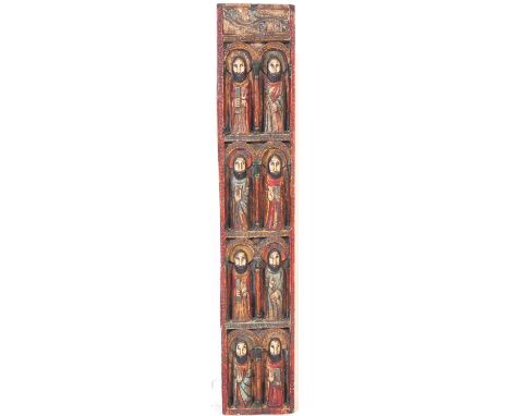 20th Century reproduction of 15th / 16th Century Russian folk art pine Gothic hand carved ecclesiastic panel. Carving depicti