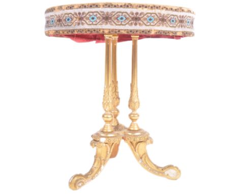 A 19th Century Victorian carved giltwood gypsy fortune tellers occasional table. Embroidered and berlin bead work circular to