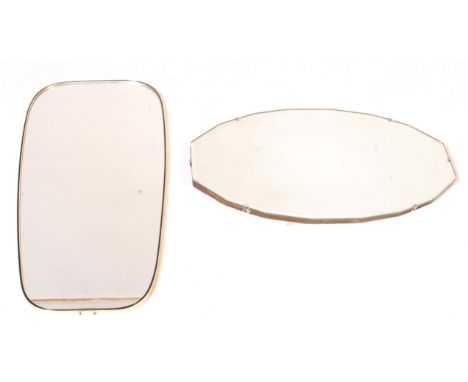 Two retro vintage mid 20th century hanging wall mirrors. One of curved rectangular form with metal frame, the other shape ova
