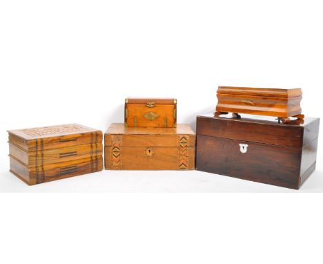 A collection of 19th century and later wooden boxes to include a Tunbridge ware writing slope, a Chinese jewellery casket wit