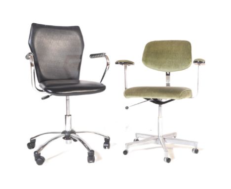 Two vintage 20th century swivel rotating office desk chairs. One having a green upholstered cushioned fabric on a metal frame