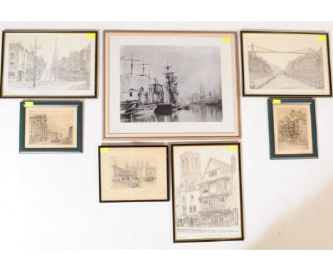 A collection of vintage framed local Bristol street scenes / scenic lithograph prints (x3), Consisting of 'The Old Drawbridge