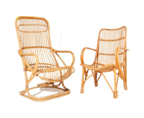 Two retro vintage 20th century wicker and bamboo armchairs in the manner of Franco Albini. Each with shaped arm rests. Measur