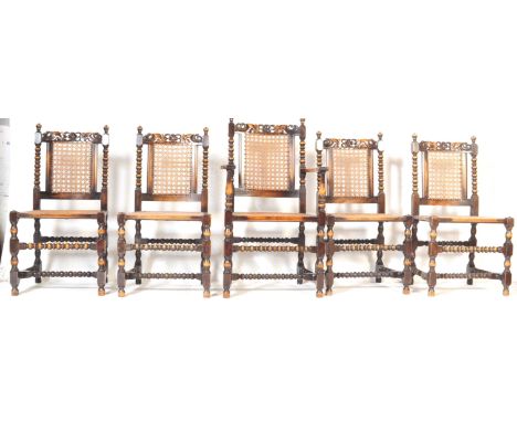 A set of five 19th century Victorian Carolean revival, mahogany and rattan dining / salon chairs. The chairs with shaped top 