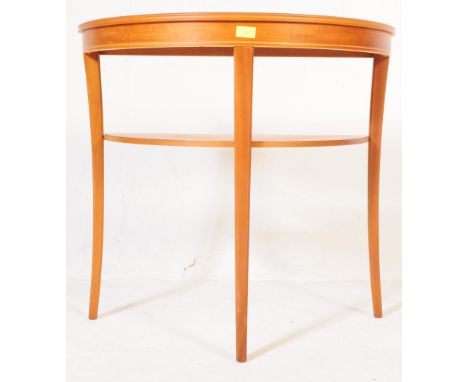 A vintage, retro 20th Century teak wood, demi-lune console / hall table by Legate. Raised on square curving legs. Makers labe