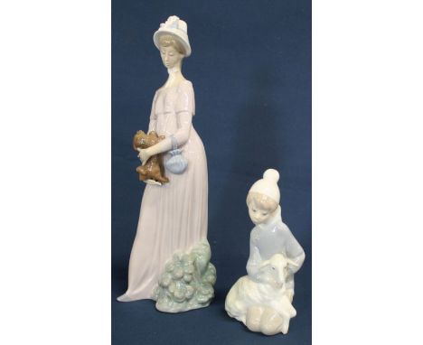 2 Lladro figurines: lady holding puppy (30cm high) &amp; boy kneeling with sheep (15cm high)