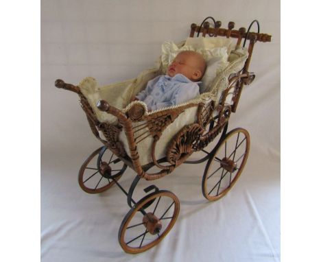 Metal, wood and wicker vintage effect pram with stitched pillow for Prince George and a Reborn baby doll, lightly weighted wi
