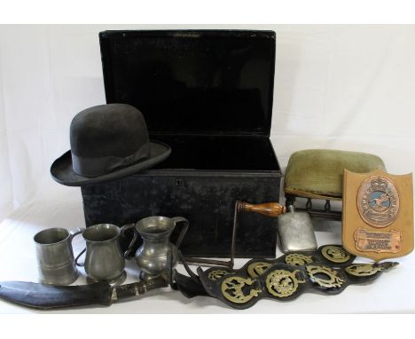 Small metal trunk, bowler hat, kukri knife (the blade marked India) &amp; sheath, Goose Bay plaque, footstool, horse brasses,