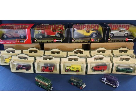 4 Burago 1/24 model vehicles:- Bugatti, Mercedes-Benz, Bugatti Atlantic, Jaguar XK 120 Coupe - unopened in boxes including ou