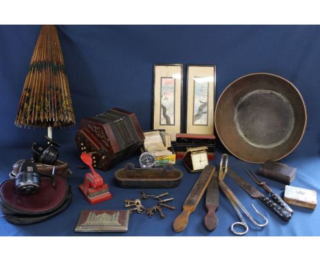 Vintage parasol, concertina, Abu 501 &amp; 506 fishing reels, cigarette cards, strops, old keys, address stamper, copper siev