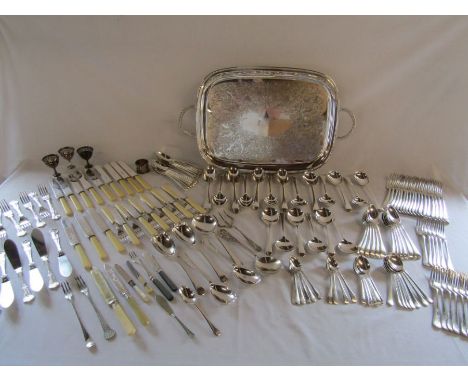 Silver plate serving tray and a large collection of mixed cutlery - also include a small knife engraved with Sheffield Wednes