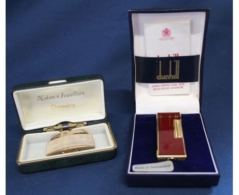 Dunhill red lacquered lighter with box &amp; booklet &amp; Ronson lighter with mother of pearl decoration
