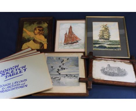 Old Chapel Pudsey print in Oxford frame, 2 amateur watercolours depicting ships, Peter Scott print &amp; 1 other and 6 sketch