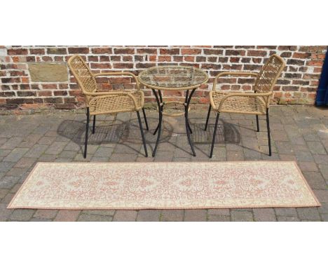 Glass top patio table with 2 chairs &amp; a runner carpet