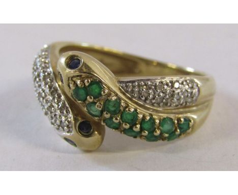 Snake head design 9ct QVC ring wet with emeralds and diamonds - ring size R - total weight 3.6g