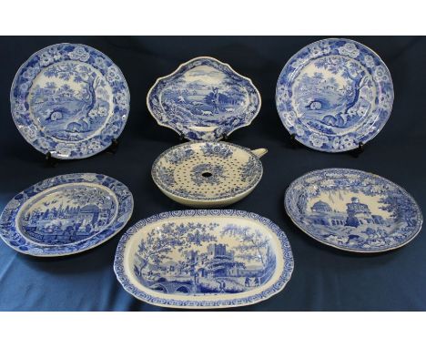 Spode oval blue and white shallow transfer printed dish depicting gun dogs, oval pie dish (possibly Spode) depicting castle w