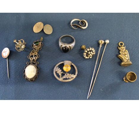 Charles Horner silver hat pin, sterling silver thistle brooch, silver &amp; enamel stick pin, silver cufflink etc.