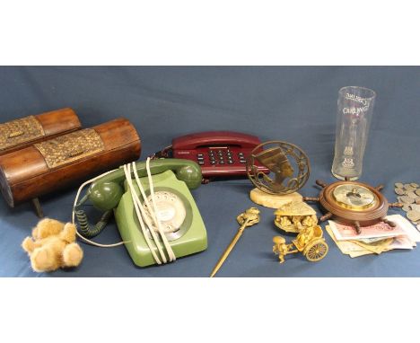 Vintage green BT telephone, quantity of mainly GB 20th century coins, Reichsbank notes, Betacom telephone, aneroid barometer,