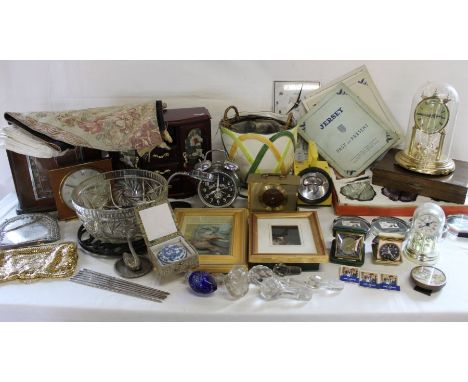 Selection of mantel clocks, stamp paperweights, metal chop sticks, table runner etc.(2 boxes)