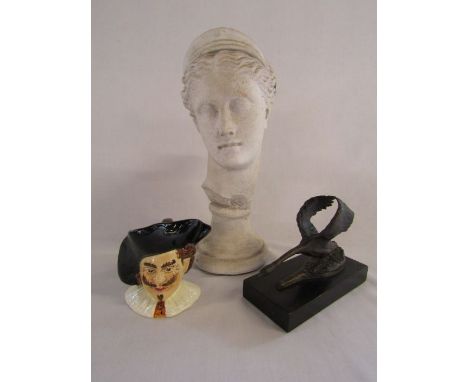 Small cast model of a swan, a Grecian ladies head and a character jug