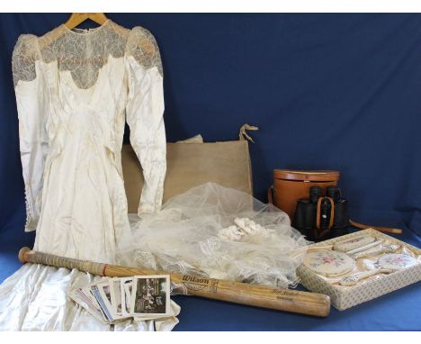 Vintage wedding dress, 1950s Wilson baseball bat, dressing table set with embroidered decoration, selection of greetings / po