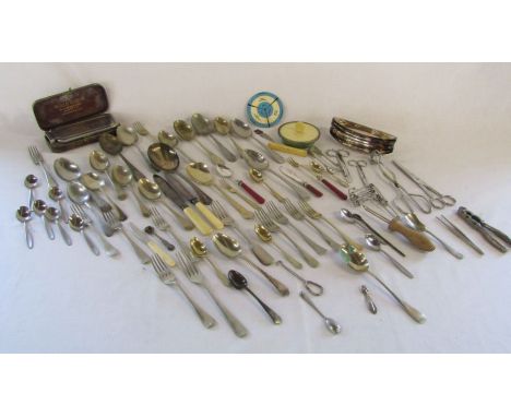 Mixed selection of silver plate cutlery, a Rolls Razor and a vintage powder puff dish