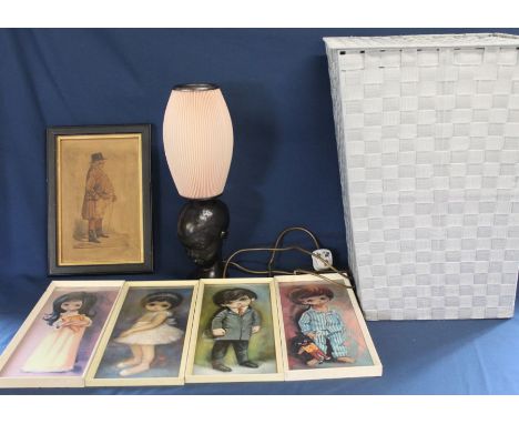 Set of 4 1960s Golding prints of children, Dartmouth Pottery lamp, print of a Georgian gentlemen, Martini mirror &amp; a wove