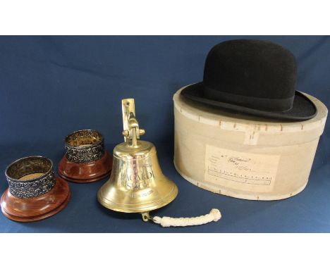 Dunn &amp; Co light weight bowler hat (size 7 ) with box, Bacardi Spice brass bell &amp; 2 wine coasters