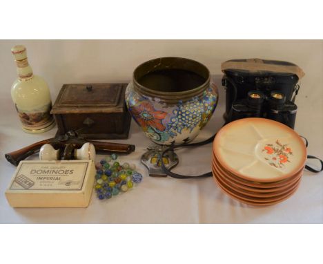 Gouda hand painted vases (repaired), vintage marbles, double nine dominoes, replica flintlock, Pentax binoculars etc&nbsp;