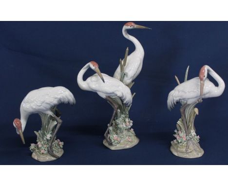 Trio of Lladro stork figurines on naturalistic bases (end of one beak&nbsp; / bull rushes damaged)