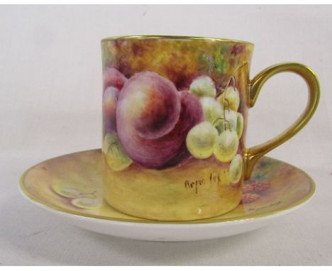 Royal Worcester artist Bryan Cox outside decorated fruit painted coffee can and saucer - both pieces signed Bryan Cox