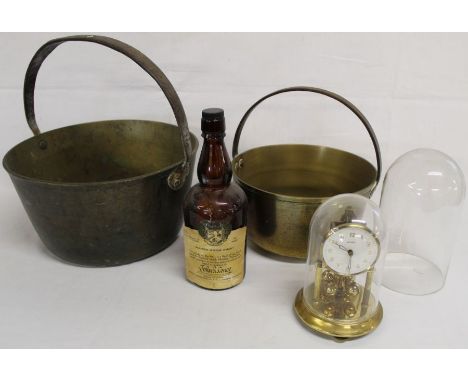 2 brass jam pans &amp; John Coney scotch whisky bottle (empty), Bentima torsion clock &amp; glass dome