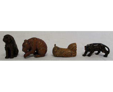 4 Japanese hardwood signed netsuke: - tiger, cockerel, dog and bear, all with signed mother of pearl circular panels&nbsp;