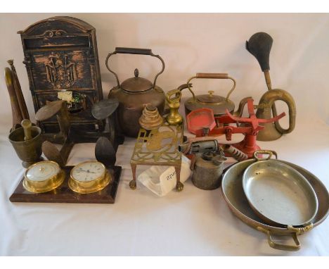 2 cobblers lasts, vintage car horn &amp; bugle, scales with weights, etc (2boxes)