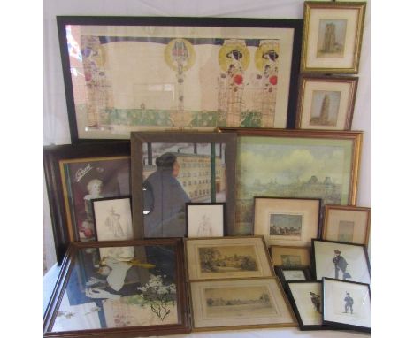 Large collection of pictures and a printed mirror