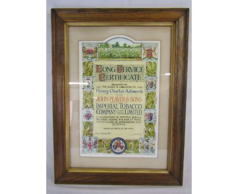 John Player &amp; Sons Long Service certificate to Henry Charles Ashworth