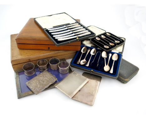 A mixed lot, comprising silver items: an Edwardian card case aide-memoire, with a scene of a gentleman playing a lute in fron