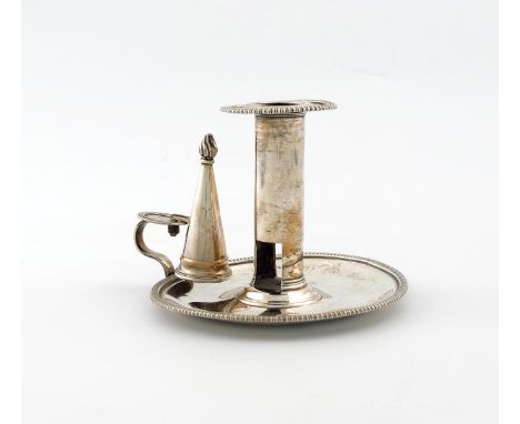 A George III silver chamber stick, by James Ede and Alexander Hewat, London 1809, circular form, gadroon border, with an old 