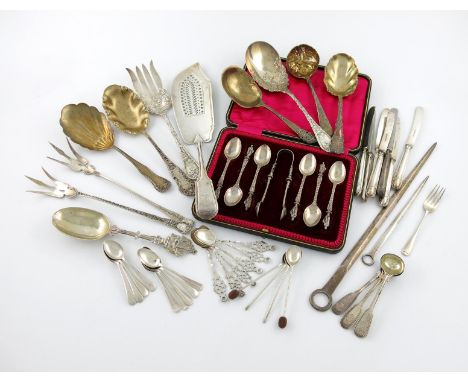 A mixed lot of silver flatware, various dates and makers, comprising: two graduated meat skewers, by George Adams, London 184