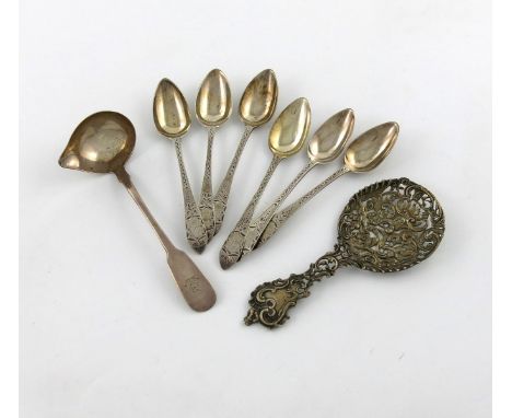 A mixed lot of silver flatware, comprising: a set of six George III Scottish silver Celtic Point teaspoons, by W. P. Cunningh