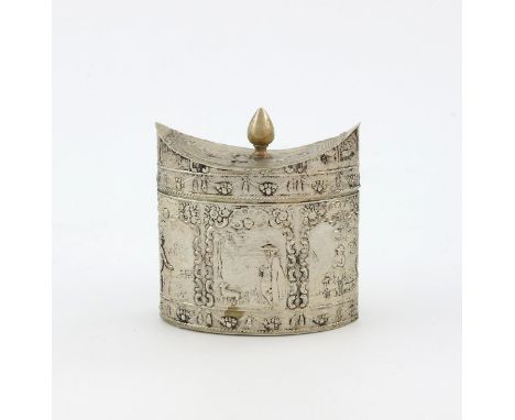 A late-19th century Dutch silver tea caddy, 1890, oval form, embossed with figural scenes within foliate scroll borders, with