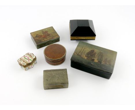 A mixed lot of boxes, comprising: a lacquered box, the hinged cover with a naval battle scene, plus a rectangular box, with a
